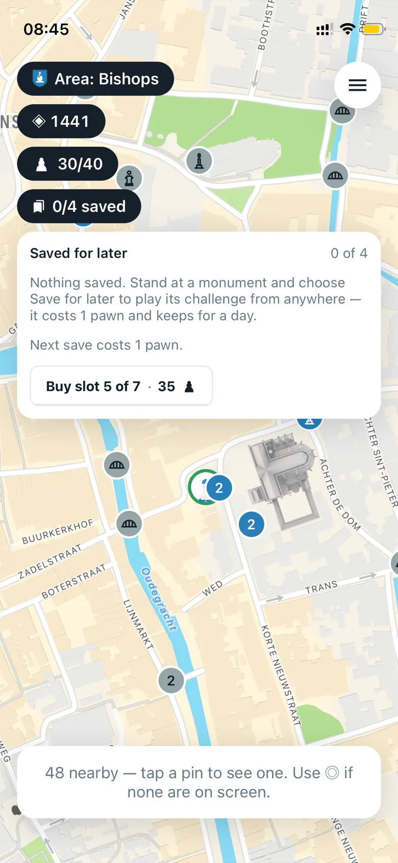 The saved-for-later panel: four slots for challenges saved at a monument, playable from anywhere.